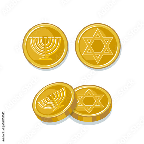 Hanukkah chocolate coins with Jewish symbols Magen David and Menorah. Vector elements