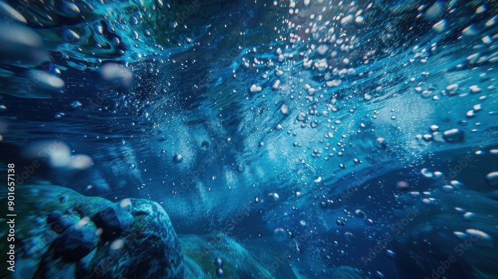 Fototapeta premium Bubbles floating in the blue ocean depths