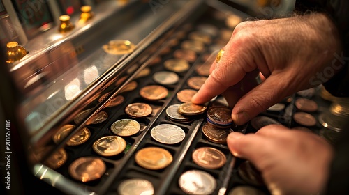 Collecting Slot Machine Winnings: Hands scooping up coins from a slot machine tray, the machine flashing and ringing. 