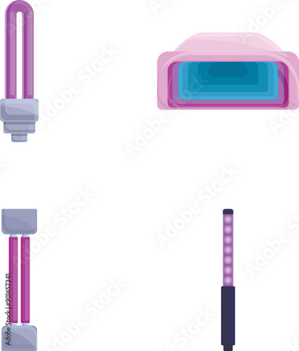 Bactericidal lamp icons set cartoon vector. Luminous lamp with ultraviolet ray. Device with ultraviolet light
