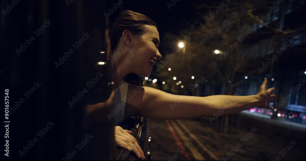 Freedom, car and woman in city at night for travelling, journey and commute on road or street. Transportation, traffic and happy person looking out window in taxi, motor vehicle and ride in evening Freedom, car and woman in city at night for travelling, journey and commute on road or street. Transportation, traffic and happy person looking out window in taxi, motor vehicle and ride in evening