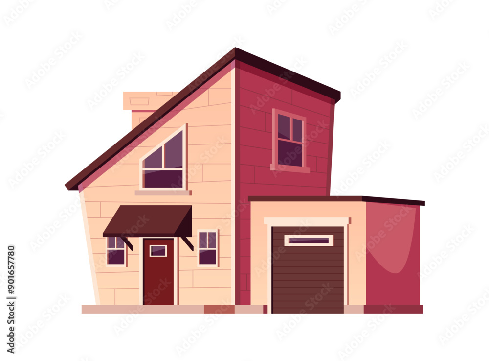 House with attic, chimney and garage, brown block building exterior, suburban real estate vector isometric front view House with attic, chimney and garage, brown block building exterior, suburban real estate vector isometric front view