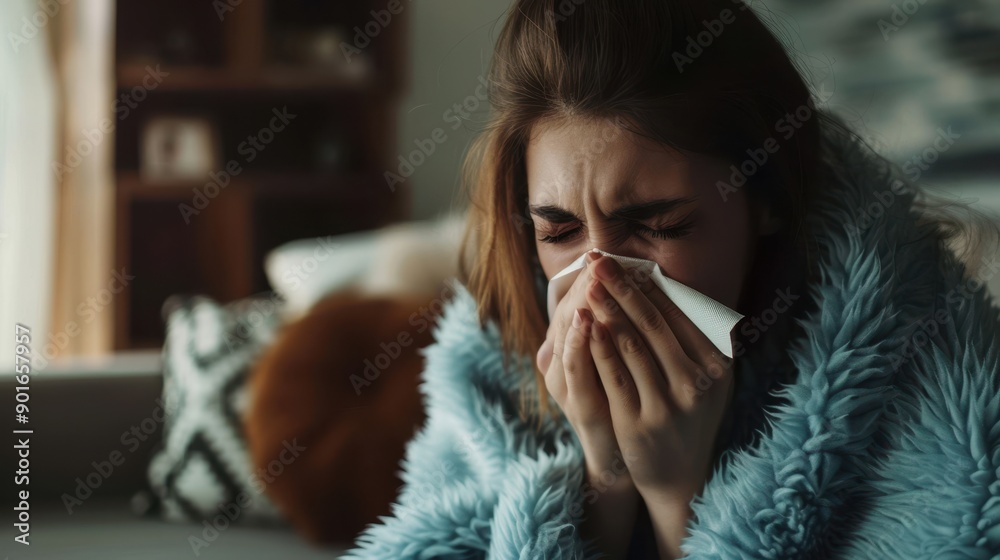 The woman sneezing in blanket The woman sneezing in blanket