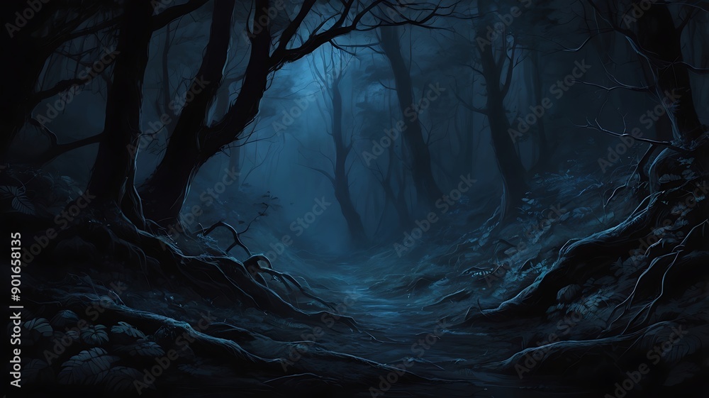 Mysterious forest in the dark night, blue and black theme foggy misty jungle, solitude and spooky woods