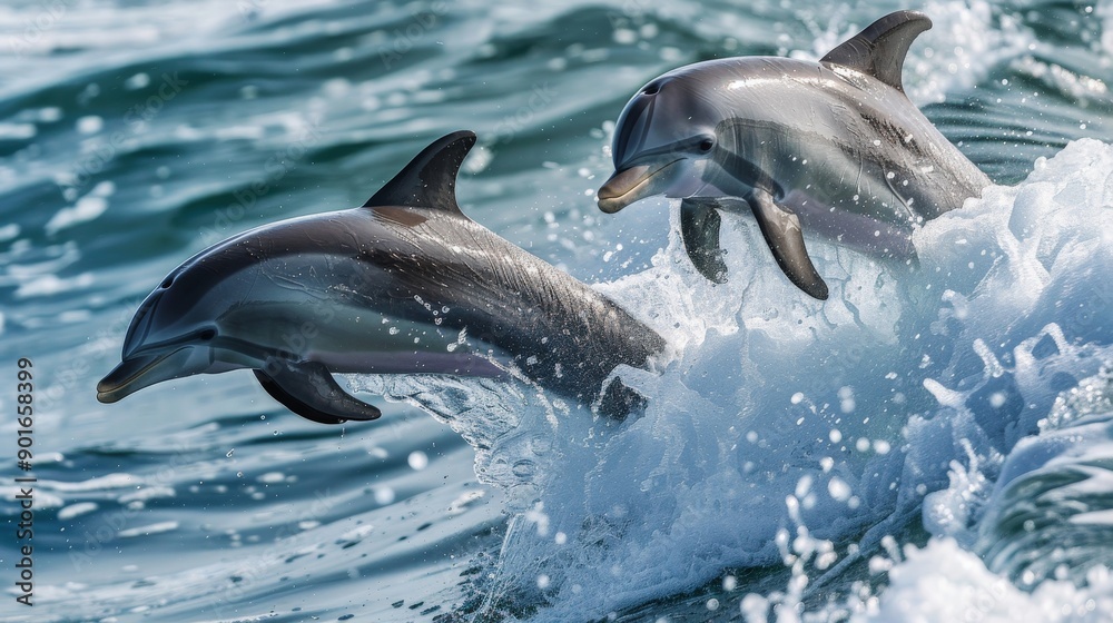 Fototapeta premium Playful dolphins jumping out of the ocean waves