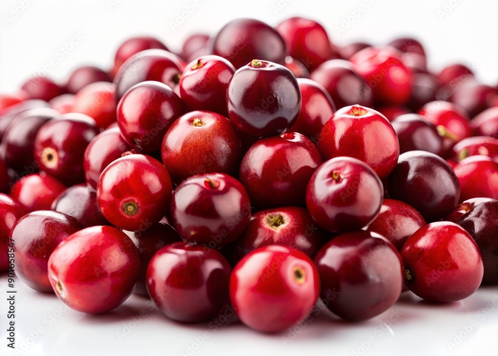 Fresh juicy red cranberries scattered on a clean white background, illuminated by soft natural light, highlighting their vibrant color and plump texture. Fresh juicy red cranberries scattered on a clean white background, illuminated by soft natural light, highlighting their vibrant color and plump texture.