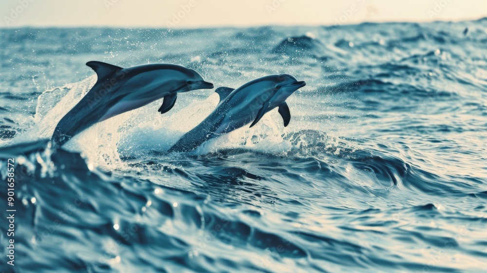 Obraz premium Playful dolphins jumping out of the ocean waves