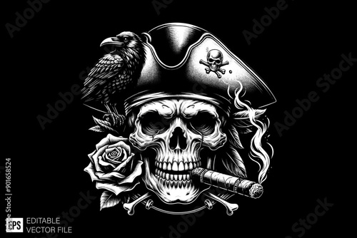 Dark art skull head black and white silhouette graphic clip art vector design