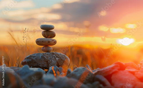 Fototapeta Naklejka Na Ścianę i Meble -  A stack of stones is on the ground in front of a sunset