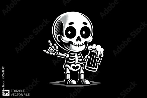 Skeleton playing cartoon black and white silhouette graphic clip art vector design