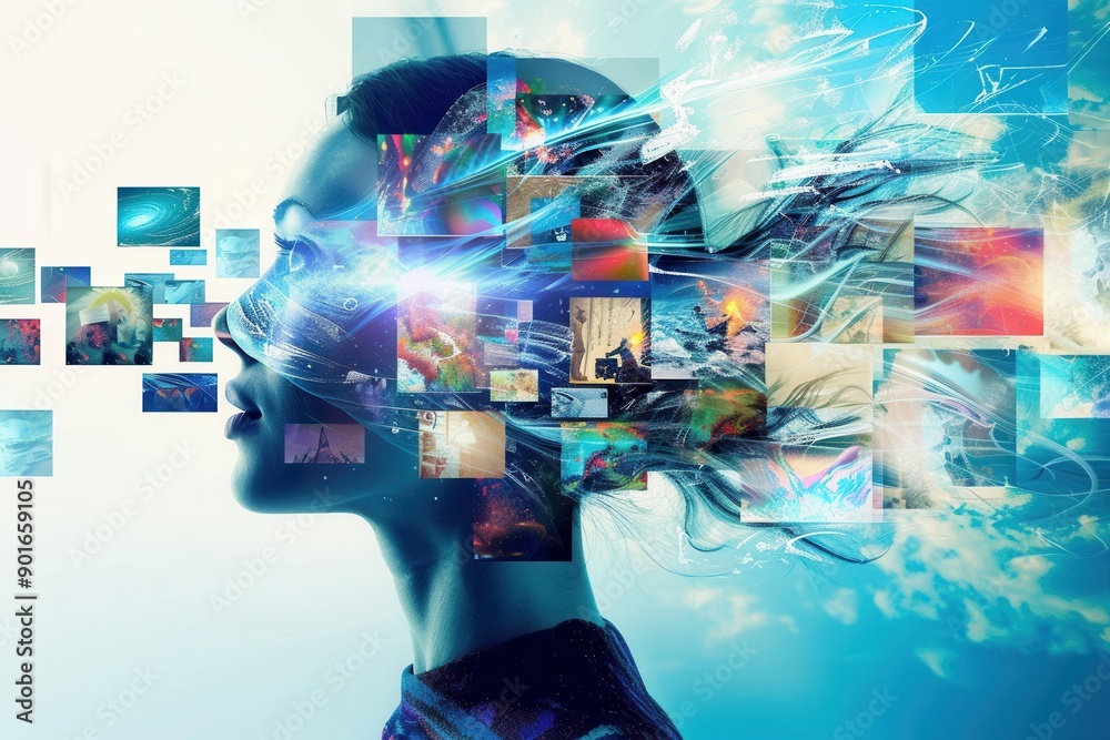 Fototapeta premium A woman engages in deep thought, generating a whirlwind of vibrant and diverse images reflecting her imaginative and creative process. Generative AI
