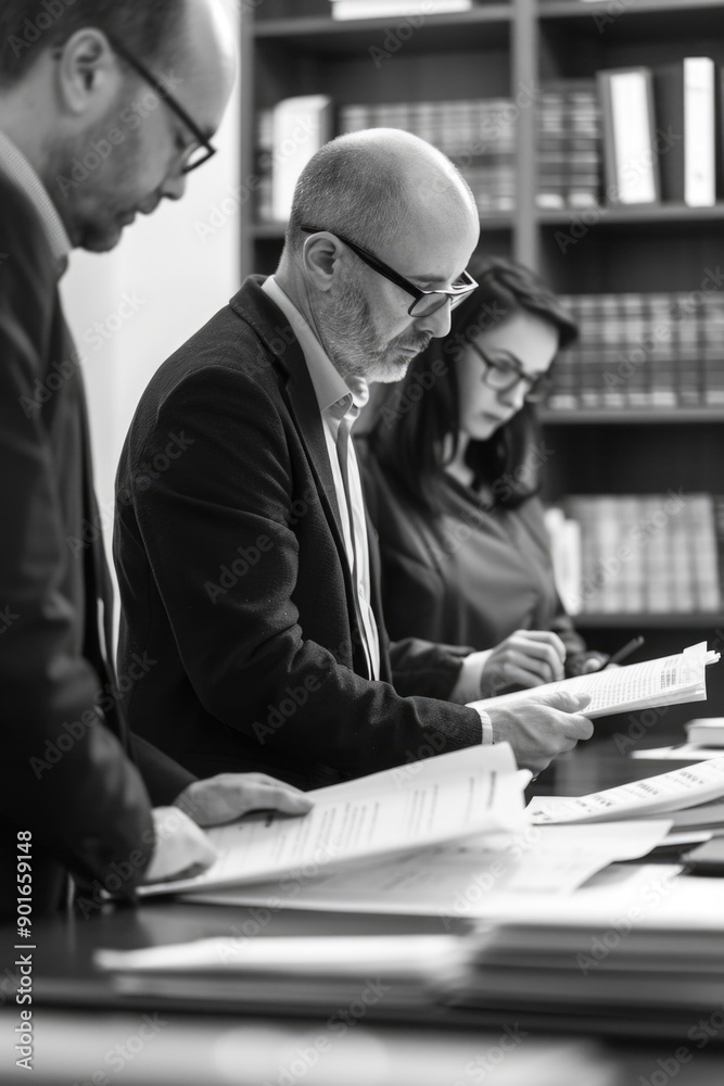 Three people are sitting at a desk with papers in front of them. One of the men is wearing a suit and glasses Three people are sitting at a desk with papers in front of them. One of the men is wearing a suit and glasses