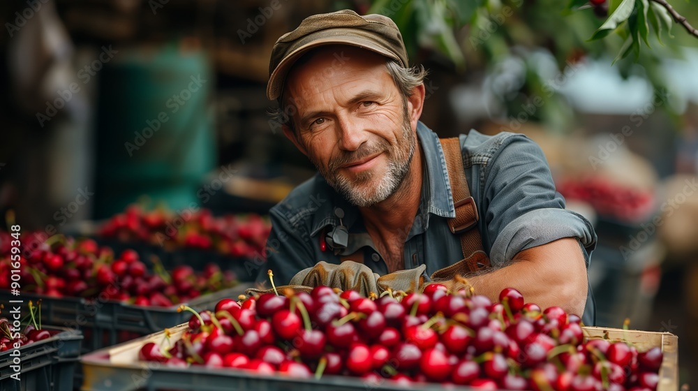 Cherry picker with a basket of fresh cherries Cherry picker with a basket of fresh cherries