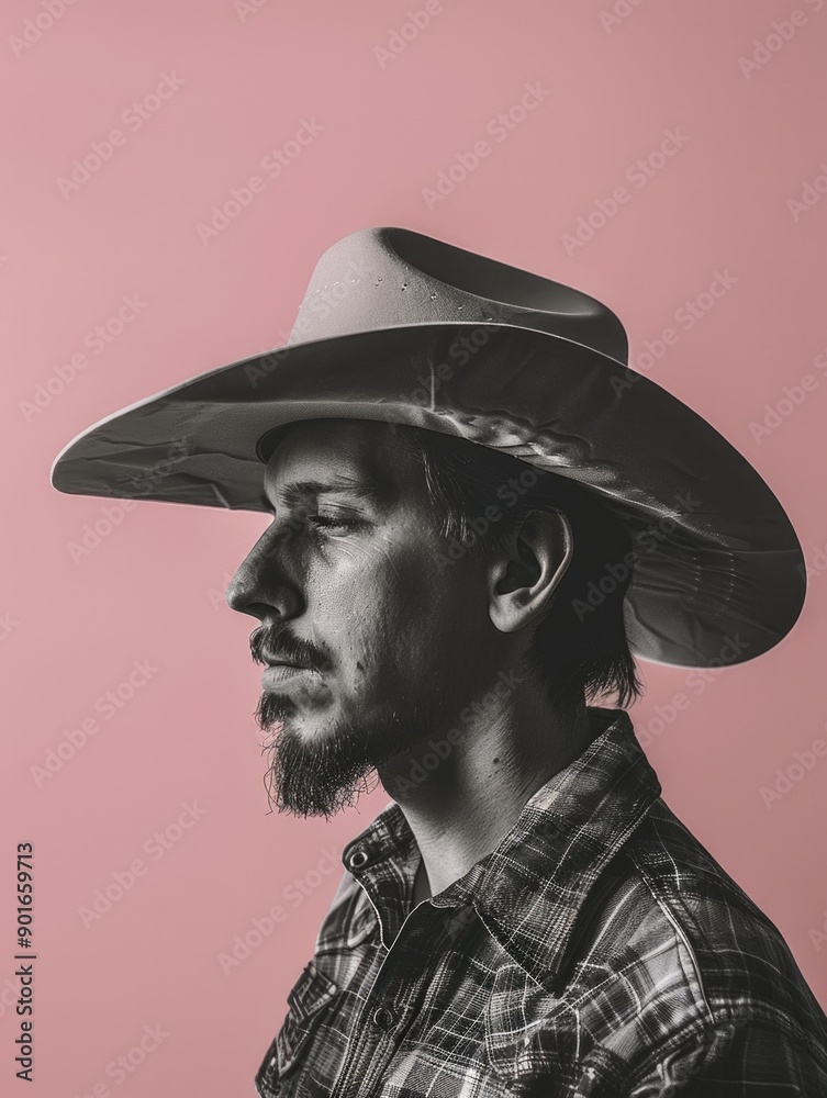A man wearing a cowboy hat and a plaid shirt. He has a beard and a mustache A man wearing a cowboy hat and a plaid shirt. He has a beard and a mustache