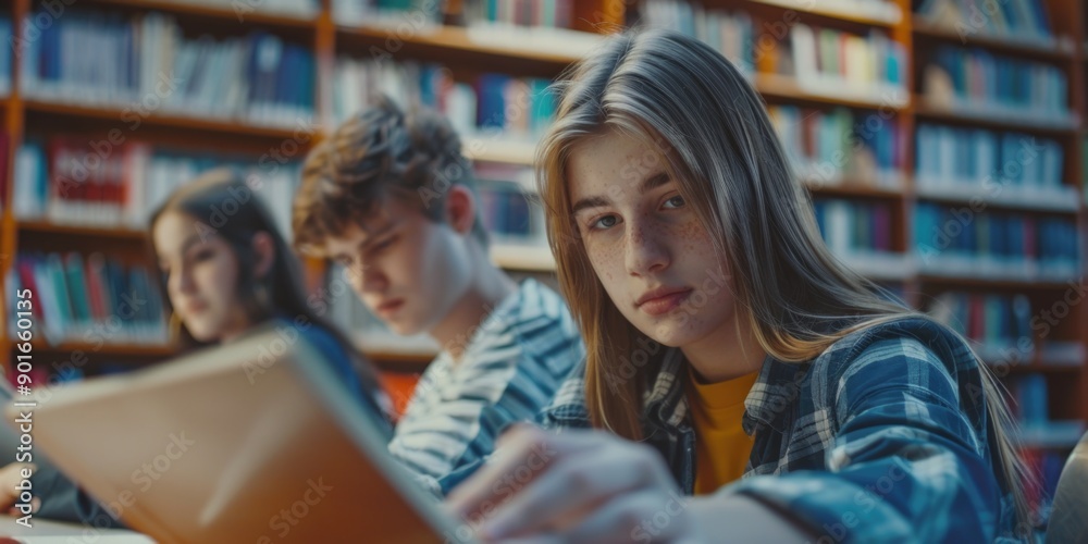 Three students are sitting in a library, one of them is looking at a book. Scene is focused and studious Three students are sitting in a library, one of them is looking at a book. Scene is focused and studious