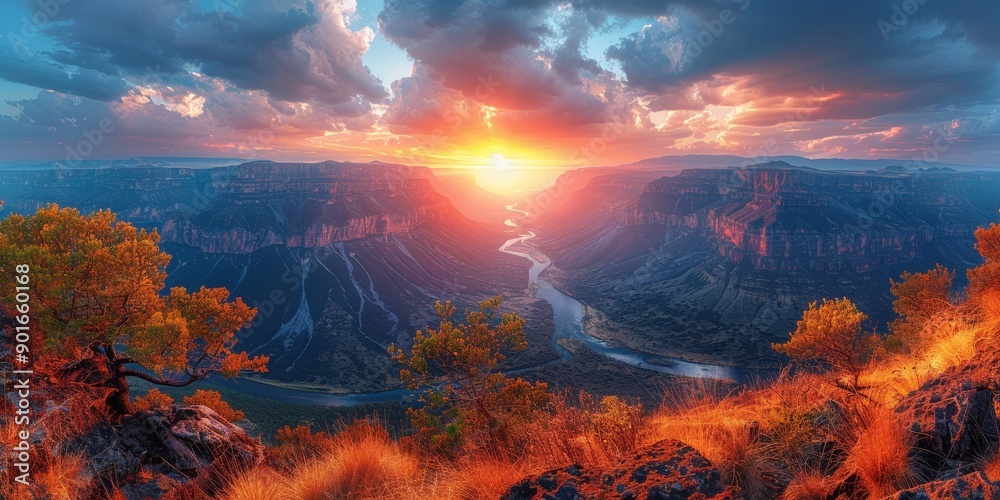 Naklejka premium Sunset Over Canyon With River