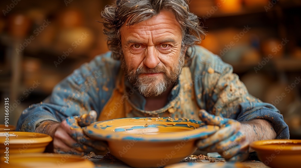 Skillful potter amongst a collection of finished clay products in a sunny workshop Skillful potter amongst a collection of finished clay products in a sunny workshop