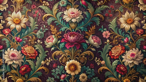 Intricate floral swirls on luxurious damask fabric with ornate hand-drawn flowers, set against a vibrant colorful wallpaper with a rich dark vintage aesthetic, perfect for textures.