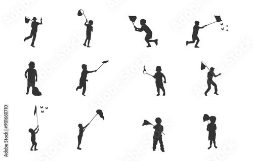 Boy catching butterfly SVG, Little boy catching butterflies SVG, Little boy catching butterflies silhouette, Child with butterfly net, Kids catching butterflies silhouette, Kids catching butterflies