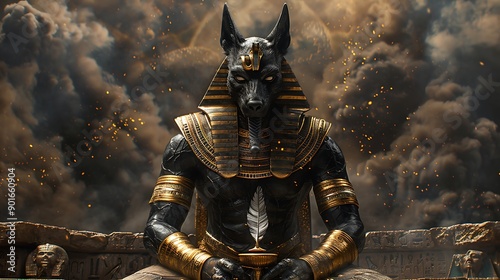 Captivating portrayal of the mythological Egyptian god Anubis weighing the hearts of the dead against the feather of Ma'at determining their fate in the afterlife © Stock Source
