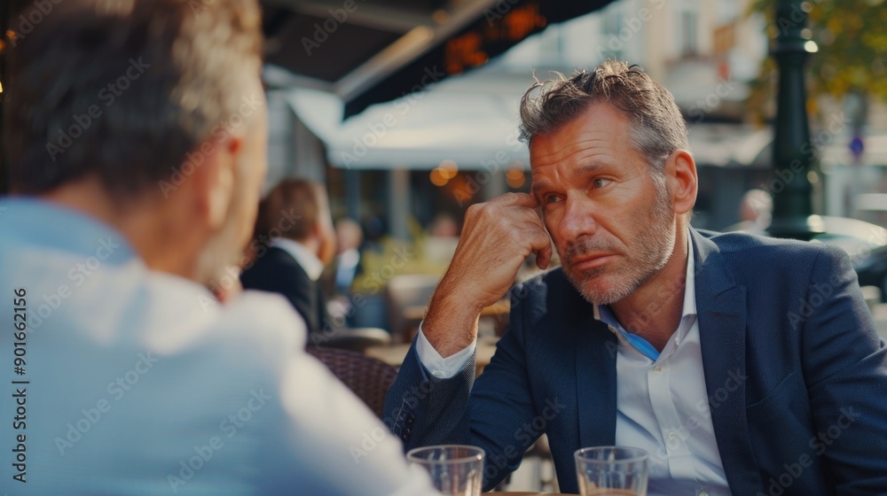 A man in a suit is sitting at a table with a woman. He is looking down and he is upset