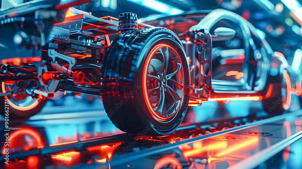 Dynamic and detailed scene of a car chassis on an advanced automotive assembly line showcasing the intricate internal components and machinery in a vibrant Dynamic and detailed scene of a car chassis on an advanced automotive assembly line showcasing the intricate internal components and machinery in a vibrant