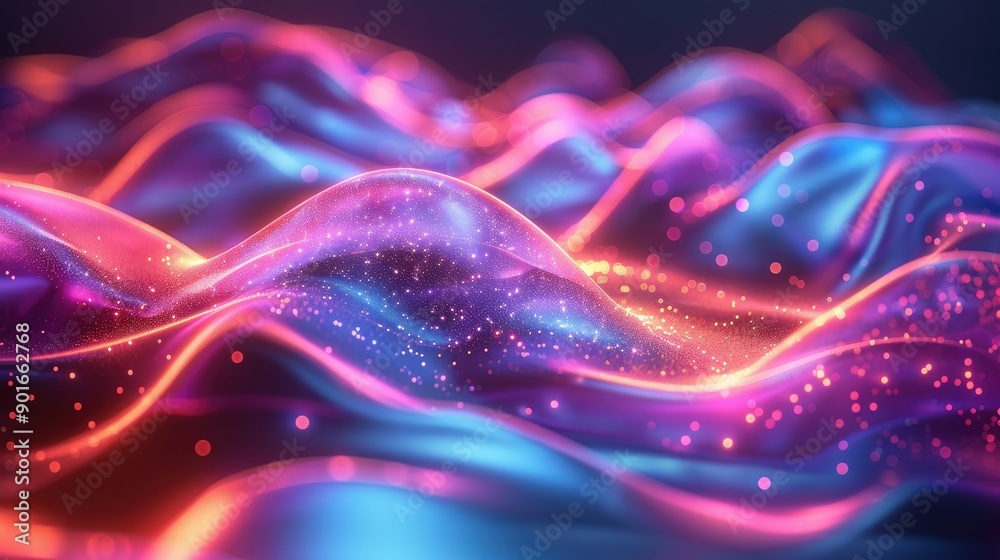 Fluorescent, flowing shapes in a tech background