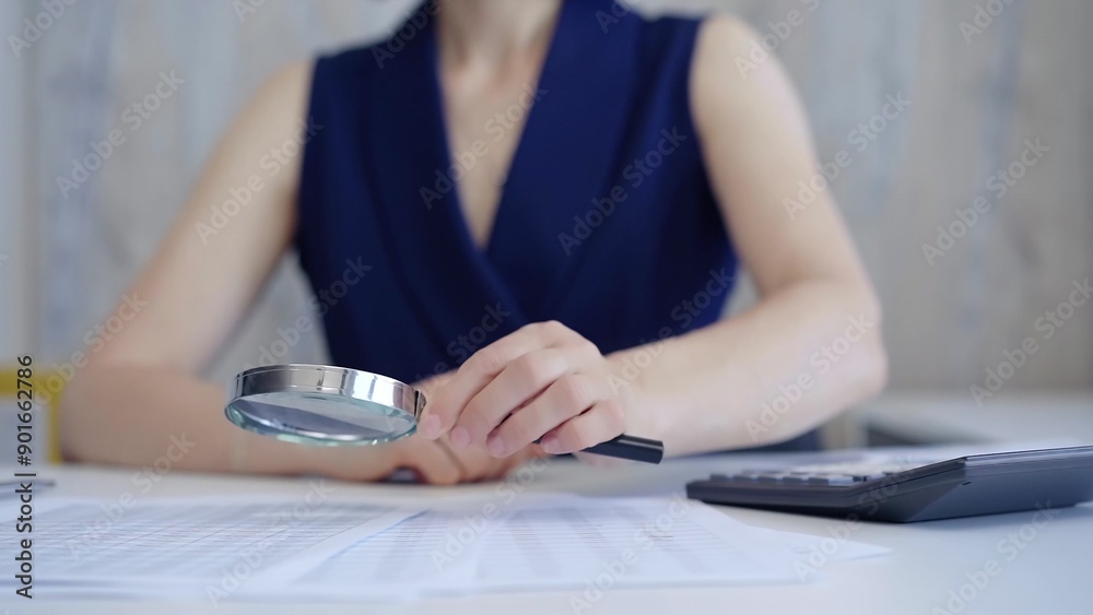 Businesswoman holding magnifying glass analyzing financial documents at office desk. Taxes, audit in business Businesswoman holding magnifying glass analyzing financial documents at office desk. Taxes, audit in business