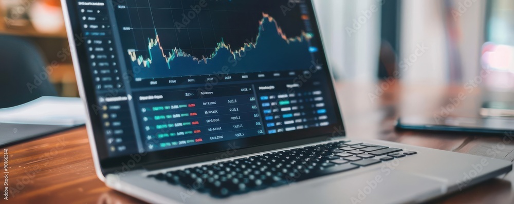 A close-up of a laptop screen displaying stock market data and charts, ideal for finance and trading themes. A close-up of a laptop screen displaying stock market data and charts, ideal for finance and trading themes.