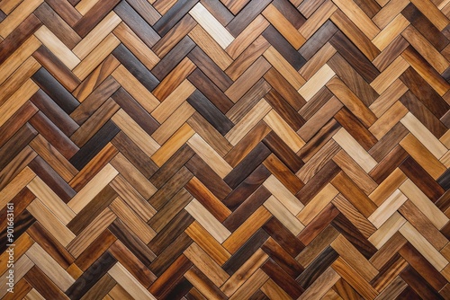 Richly textured wooden mosaic features vibrant herringbone pattern, blending diverse wood tones, from warm honey to dark espresso, in a geometric dance of natural beauty. photo