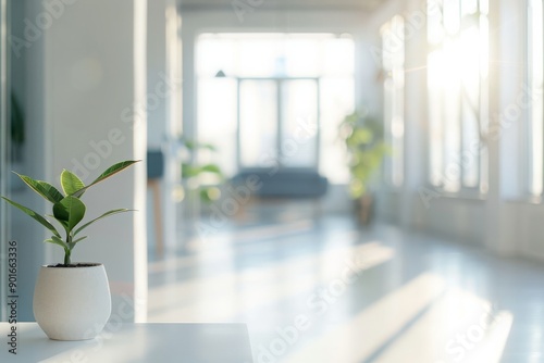 A Single Potted Plant in a Sunlit Office Space