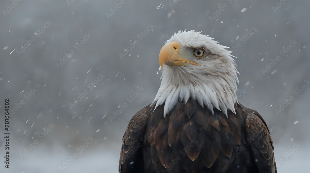 Fototapeta premium a bald eagle standing in the snow with a blurry background