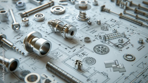 Obraz na płótnie Array of mechanical parts and components precisely arranged on engineering drawings, showcasing the detail and precision of mechanical design w salonie