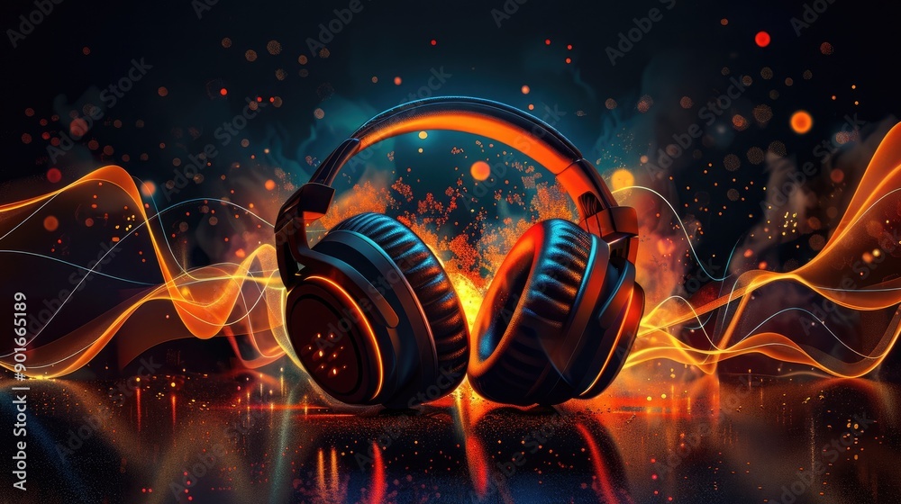 Bright and dynamic sound waves with headphones on a dark backdrop, perfect for a captivating podcast banner Bright and dynamic sound waves with headphones on a dark backdrop, perfect for a captivating podcast banner