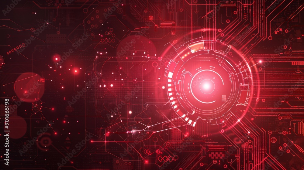 Obraz premium Abstract digital security system with glowing light effect and red background