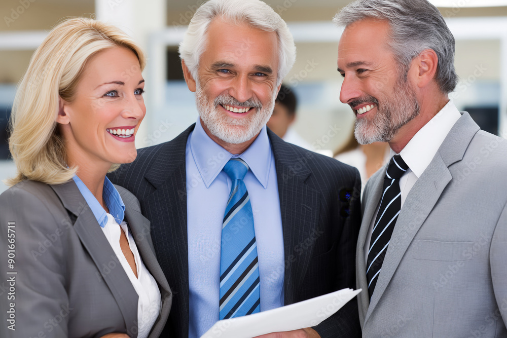 Professionals engaged in a cheerful discussion during a business meeting in a modern office setting, showcasing teamwork and collaboration Professionals engaged in a cheerful discussion during a business meeting in a modern office setting, showcasing teamwork and collaboration
