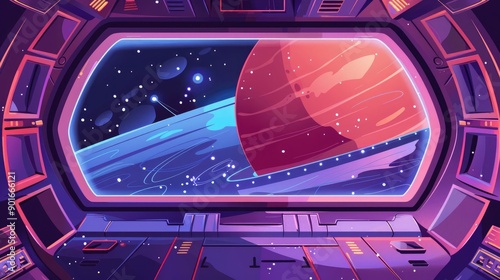 Fototapeta Naklejka Na Ścianę i Meble -  Cartoon illustration of a futuristic spaceship interior, featuring a window view of a red planet and starry space
