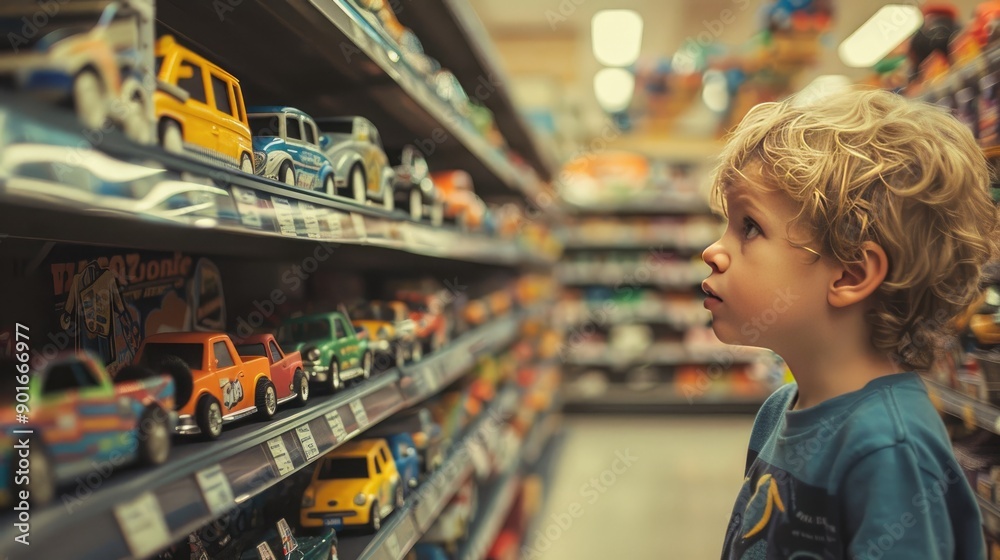 Child in a toy store aisle, eyes wide with wonder, gazing at shelves lined with colorful toy cars and vehicles in a captivating shopping environment