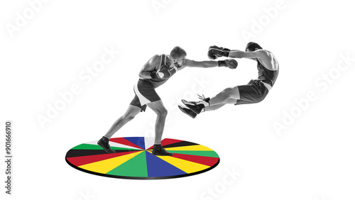 Powerful punches. Athletic, muscular, strong men, boxers in motion, fighting on multicolor platform against white background. Art collage. Concept of sport, international completion, tournament