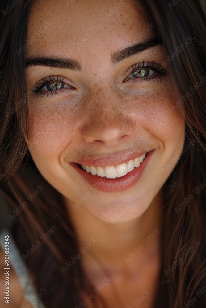A woman with green eyes and a smile on her face. She has a greenish tint to her skin A woman with green eyes and a smile on her face. She has a greenish tint to her skin