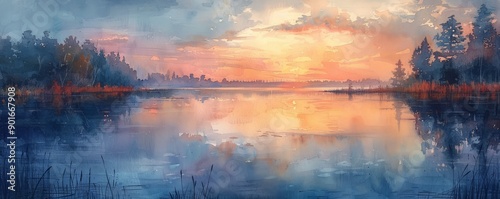 A painting of a lake with a sunset in the background