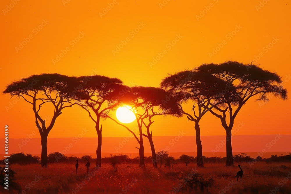 Acacia trees on African savanna at sunset Acacia trees on African savanna at sunset
