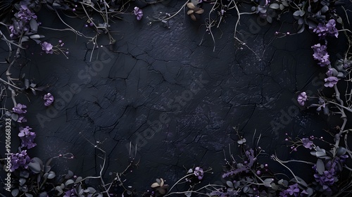 Gothic fantasy dark background surrounded by dry branches, thorns, ivy, and purple flowers. Black old worn grunge backdrop framed with horror dry branches and thorns. color pop contrast