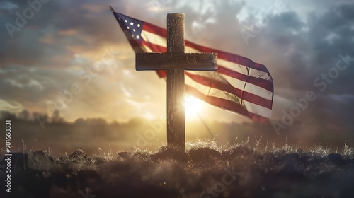 American flag with a wooden cross. Symbol of the blessed American nation.