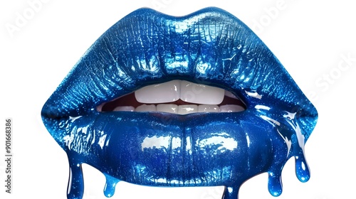 Metallic Gloss with Shiny Sensual Lips. sensual lips with glossy dripping blue lipstick. Metallic glitter effect. Isolated white background with copy space