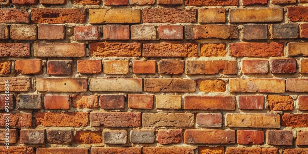 Naklejka premium Weathered terracotta brick wall with rusty reddish-brown hues, visible mortar lines, and subtle cracks, creating a warm, earthy, and rustic textured background.