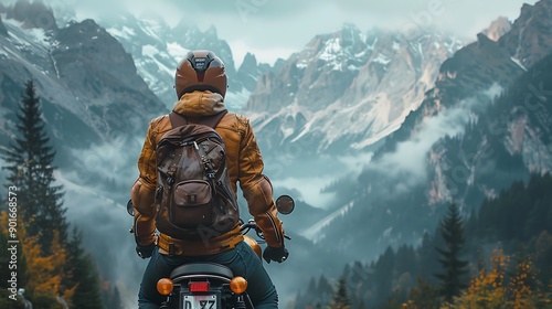 Caucasian man on a motorcycle journey through the scenic routes of the Bavarian Alps Germany