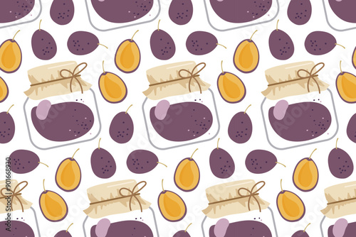 Seamless pattern with Canned Plums. Hand drawn Plum Jam, marmalade. Jar with preserved fruits. Repeated Flat vector for menu, wallpaper, wrapping paper, packing, textile. Farmers market, Vegan food