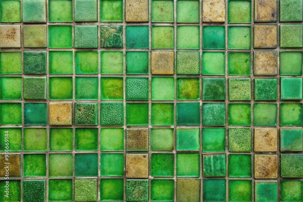Vibrant green square tiles in varying shades and textures, some with a weathered look, form a unique abstract pattern with a mesmerizing visual appeal. Vibrant green square tiles in varying shades and textures, some with a weathered look, form a unique abstract pattern with a mesmerizing visual appeal.
