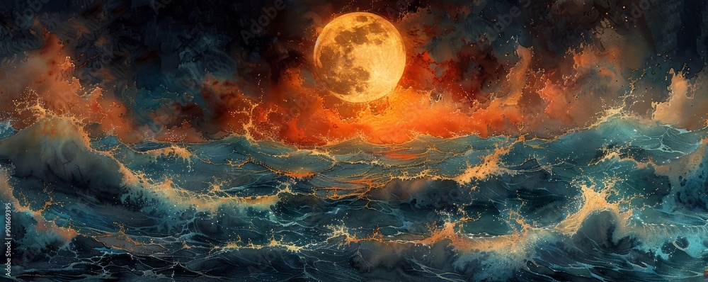 A painting of a moonlit ocean with a large, glowing moon in the sky A painting of a moonlit ocean with a large, glowing moon in the sky